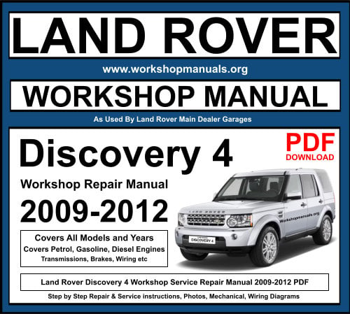 Land Rover Discovery 4 Workshop Manual PDF download for 2009-2012 models, covering petrol, gasoline, and diesel engines.