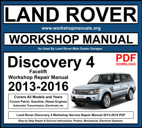 Land Rover Discovery 4 2013-2016 workshop repair manual cover. PDF download available. Includes various engine and system types.